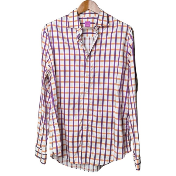 Ferrell Reed Size 17 Purple Orange Windowpane Button Up Shirt Colorful Business - Picture 1 of 12